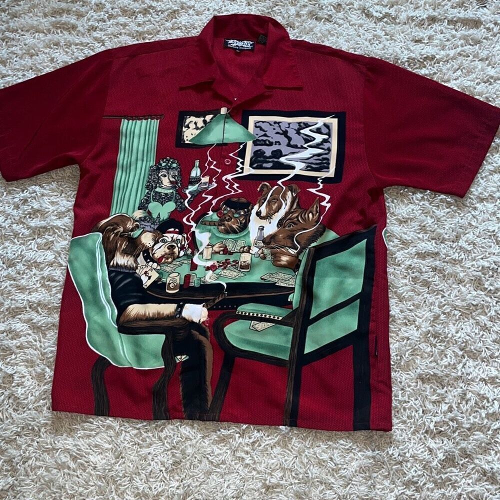 Dragonfly Mens Short Sleeve Button Down Shirt Poker Dogs Card Party XL